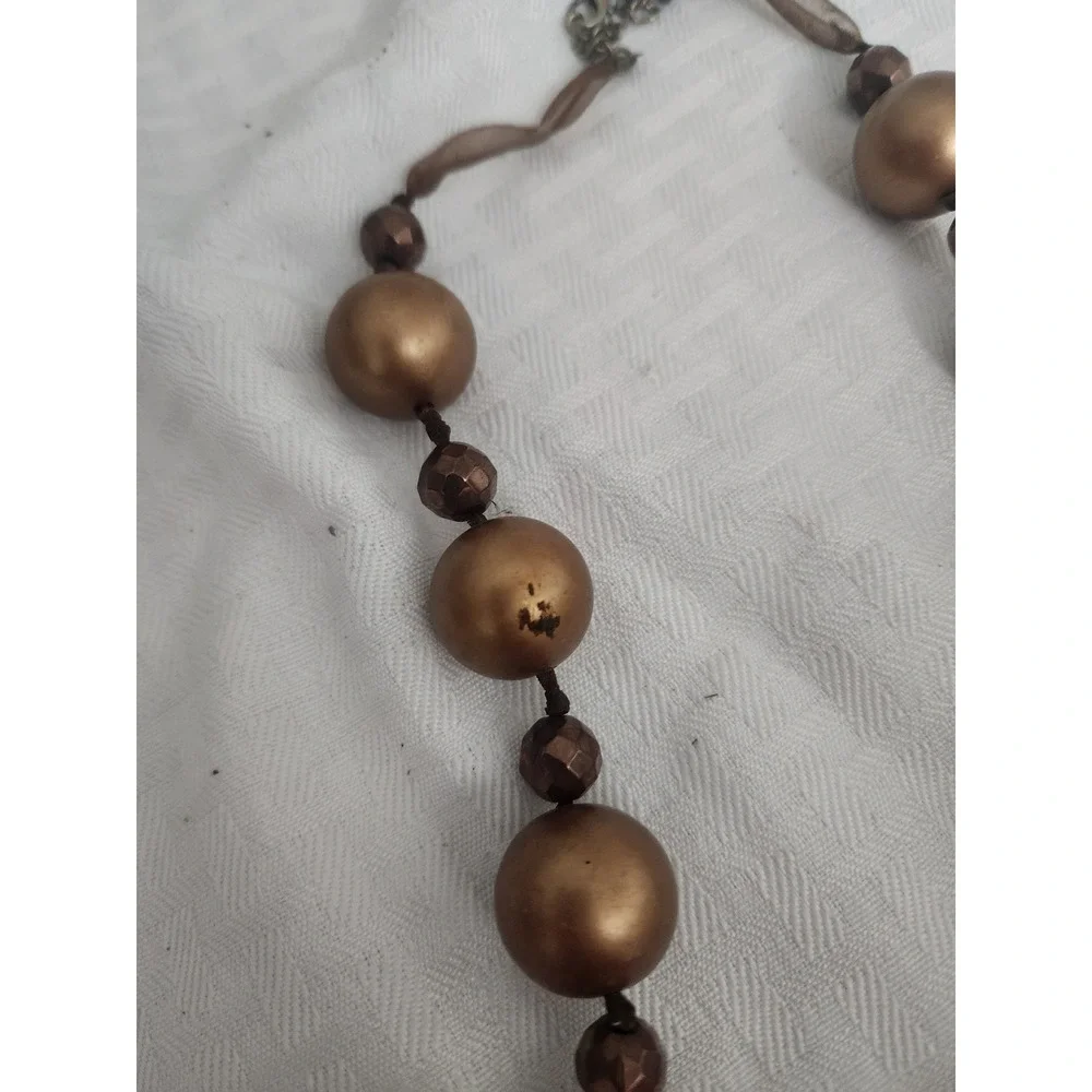 Bronze Statement Necklace Chunky Matte Beaded Ribbon Accent Adjustable Length